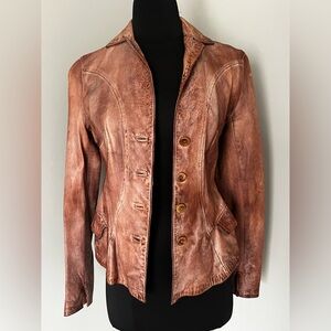 BLUR Aged & Distressed Brown Leather Button-Up Blazer Style Jacket Sz 40